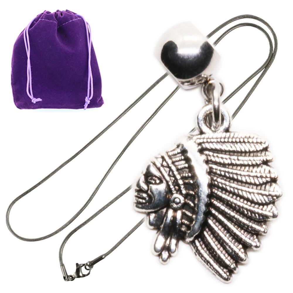 Native American Jewelry Silver Tone Tribal Chief Head Pendant Necklace